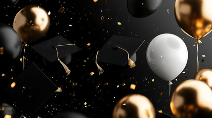 Fototapete - Falling black and gold graduation caps background with confetti and balloons on white background