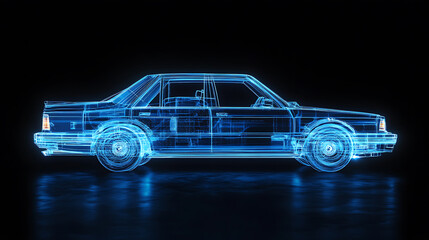Aufkleber - Blue hologram ordinary car, car structure, side view, black background