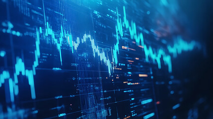 Leinwandbilder - Blue stock market background with upward arrows and financial graph on dark blue background, business growth concept