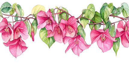 Poster - Bougainvillea creeper illustration, Vibrant pink flowers hanging gracefully, isolated on white background, watercolor painting