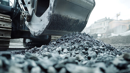 Aufkleber - Close, up excavator bucket operating on a construction site, moving gravel stones for a foundation building
