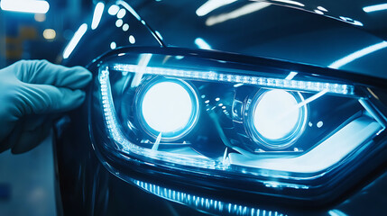 Aufkleber - Close, up of a car headlight repair, The lens is installed into the headlight housing by a gloved auto mechanic, The concept of a car service, LED lenses