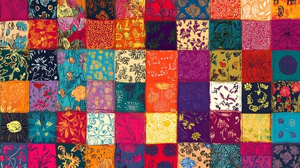 Poster - Colorful hand, drawn vector patchwork quilt pattern with Indian, Arabic, and Turkish motifs for fabric or paper