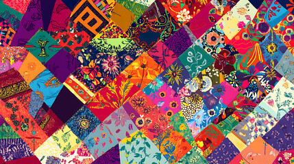 Poster - Colorful hand, drawn vector patchwork quilt pattern with Indian, Arabic, and Turkish motifs for fabric or paper