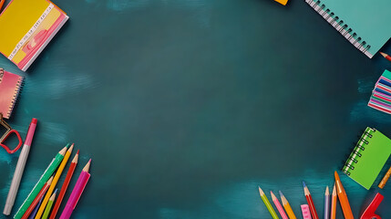 Poster - colorful school supplies arranged on double blackboard border education background