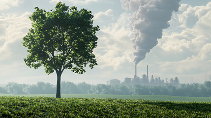 Poster - Compare a green tree and meadow with clear air to a factory emitting pollution and its effects on climate change, 3D illustration rendering