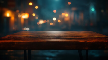 Poster - A nighttime bar and restaurant with an empty wooden table platform and a blurred background bokeh, Suitable for product montage or display, Mock up for space