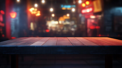 Poster - A nighttime bar and restaurant with an empty wooden table platform and a blurred background bokeh, Suitable for product montage or display, Mock up for space
