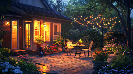 Poster - cozy suburban house patio with garden lights at summer evening outdoor living digital painting