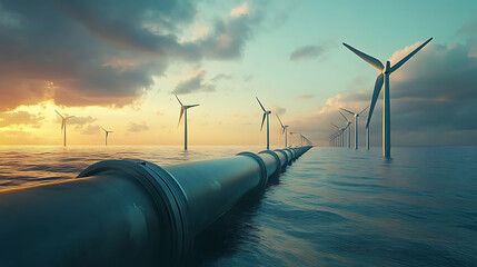 Poster - hydrogen pipeline with wind turbines in the background, green hydrogen production concept