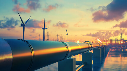 Poster - hydrogen pipeline with wind turbines in the background, green hydrogen production concept