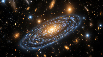 Poster - Illustration of a galaxy formation with swirling galaxies Interstellar gas clouds And bright star clusters in a vivid cosmic landscape