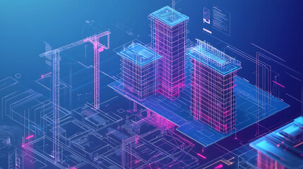 Aufkleber - digital construction building information modeling bim concept with 3d model and blueprints vector illustration