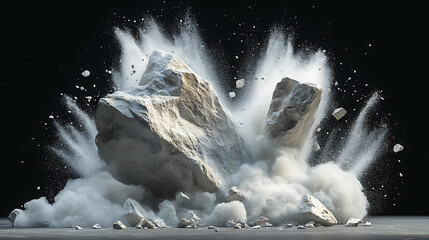 Poster - dramatic abstract composition of shattered rock boulder exploding into white dust and debris against black background dynamic 3d illustration
