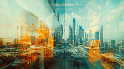 Aufkleber - Dubai's downtown skyscrapers as a cityscape, The Emirate of Dubai's capital city's contemporary skyline, technology in the concept of transportation, Double exposure