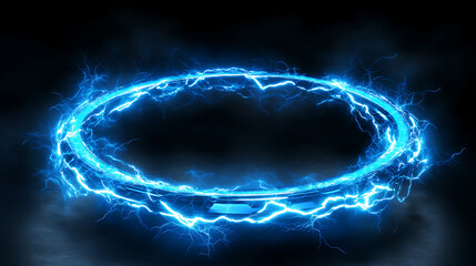 Fototapete - electric plasma portal glowing blue holographic circles and lightning frame isolated on black futuristic scifi background