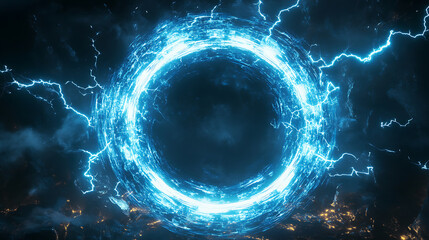 Poster - electric plasma portal glowing blue holographic circles and lightning frame isolated on black futuristic scifi background