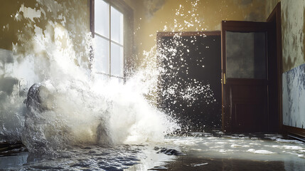 Aufkleber - Emergency water damage repair scenario, showcasing a high, pressure burst of water erupting from a ruptured pipe, symbolizing the urgency of plumbing issues