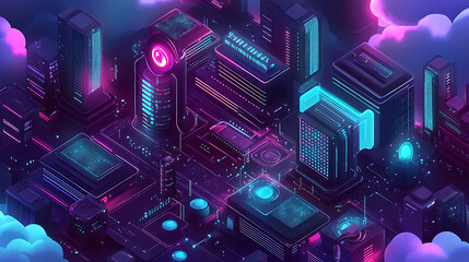 Aufkleber - Isometric cloud storage for downloading, representing a digital service or application facilitating data transmission, It embodies network computing technologies, showcasing a futuristic server