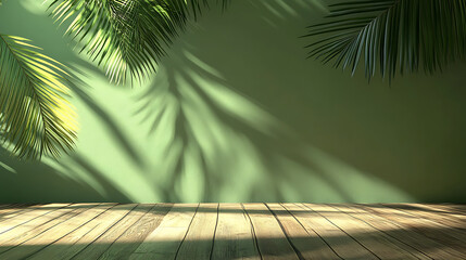Aufkleber - Abstract green background with shadow of palm leaves on the wall, empty table for product presentation