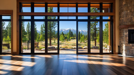 Fototapete - Large windows black aluminum swing doors nature view