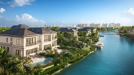 Aufkleber - From Paradise Island, an aerial perspective showcases Harborside Villas along Nassau Harbour, with Nassau's cityscape in the distance, in the Bahamas