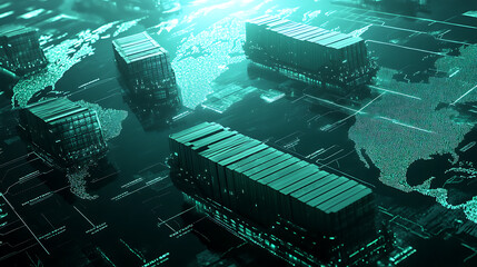 Aufkleber - Futuristic cargo container ships utilize technology for global logistics, employing world maps and supply chain networks for container export, import
