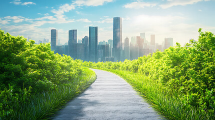 Poster - futuristic green sustainable highway stretching towards a modern city skyline vibrant 3d illustration background