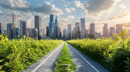 Poster - futuristic green sustainable highway stretching towards a modern city skyline vibrant 3d illustration background