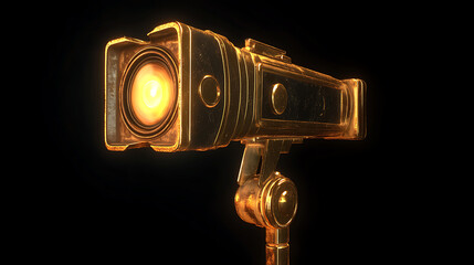 Poster - gold movie camera, strobe lighting, over head lighting, spot light, black background