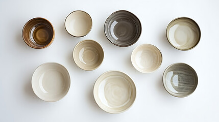Poster - handmade ceramics, top view of empty craft ceramic bowls and plates on a light background