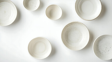 Poster - handmade ceramics, top view of empty craft ceramic bowls and plates on a light background