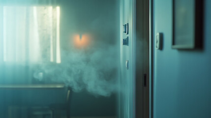 Poster - In the background, there is a copy space and an active smoke detector and linked fire alarm