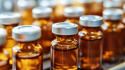 Close, up view of vials on a pharmaceutical production line