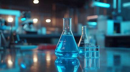Poster - In the laboratory, there is an open beaker filled with clear blue liquid on a glossy table in front of two other pieces of glassware background features blurred lab equipment
