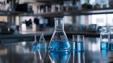 Leinwandbilder - In the laboratory, there is an open beaker filled with clear blue liquid on a glossy table in front of two other pieces of glassware background features blurred lab equipment