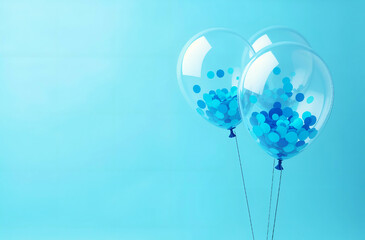 Transparent balloons with confetti on a blue background with copy space on the left