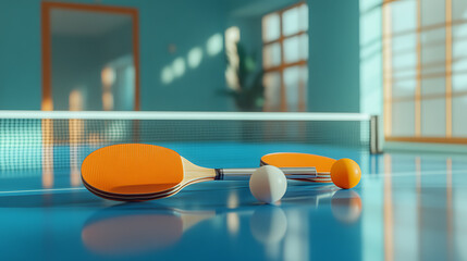 Aufkleber - On a blue table are two ping pong or table tennis rackets and balls