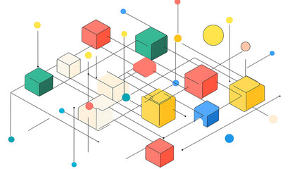 Poster - minimalist line art of an isometric network with colorful blocks and dots on a white background