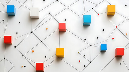 Leinwandbilder - minimalist line art of an isometric network with colorful blocks and dots on a white background