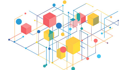 Poster - minimalist line art of an isometric network with colorful blocks and dots on a white background