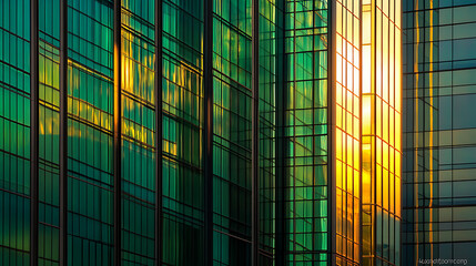 Poster - Modern glass skyscrapers in downtown San Francisco, close up, golden hour, green and blue tones, architectural photography