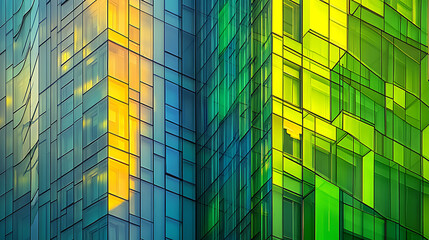 Poster - Modern glass skyscrapers in downtown San Francisco, close up, golden hour, green and blue tones, architectural photography