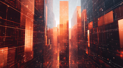 Poster - Modern skyscrapers with network connections, representing the impact of AI on real estate business models and techniques in city building