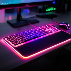 Close-up of a modern keyboard, mouse, and mousepad with RGB lighting on a desk.