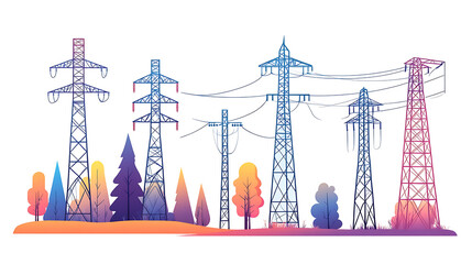 Aufkleber - Set of high voltage electrical towers, Color flat vector illustration of power line network isolated on white background