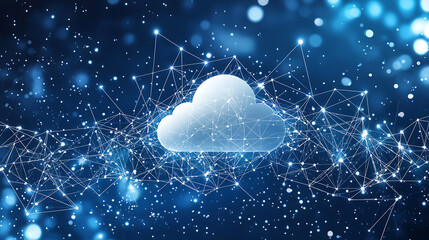 Poster - The image depicts cloud and edge computing with cybersecurity, It shows a large cloud icon above a central white cloud against a polygon connection code backdrop on a dark blue background