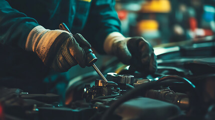 Poster - professional mechanic working on car in auto repair shop vehicle maintenance scene lifestyle photography