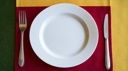 Poster - Top view of an empty round white plate with a colored background set on a tablecloth for food, Plate empty onto napkin, leaving room for your artwork