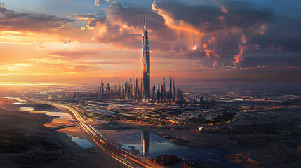 Poster - riyadh's landscape is presented during the day, with a focus on the kingdom tower and the city's exp